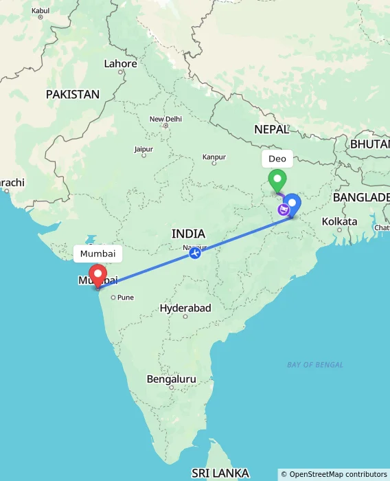 Route map showing distance and travel time from Deo, India to Mumbai, India