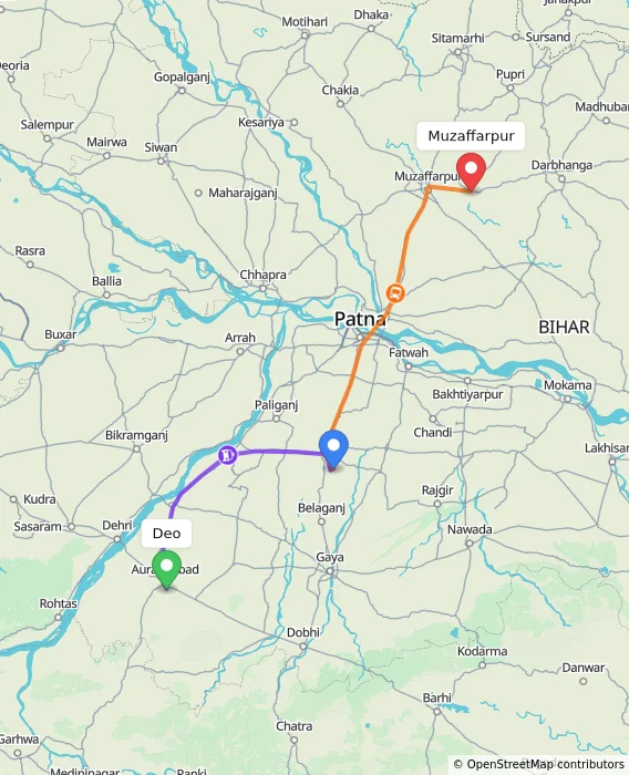 Route map showing distance and travel time from Deo, India to Muzaffarpur, India