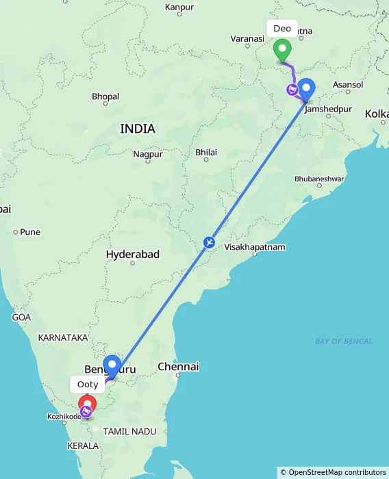 Route map showing distance and travel time from Deo, India to Ooty, India