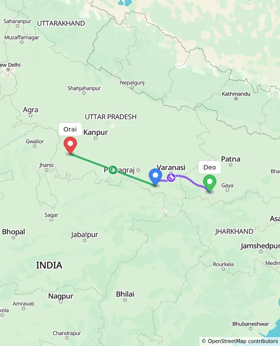 Route map showing distance and travel time from Deo, India to Orai, India