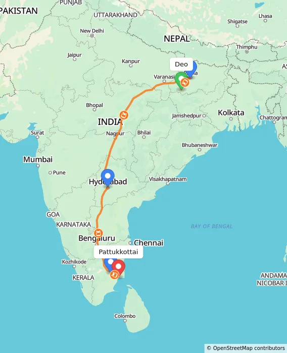 Route map showing distance and travel time from Deo, India to Pattukkottai, India