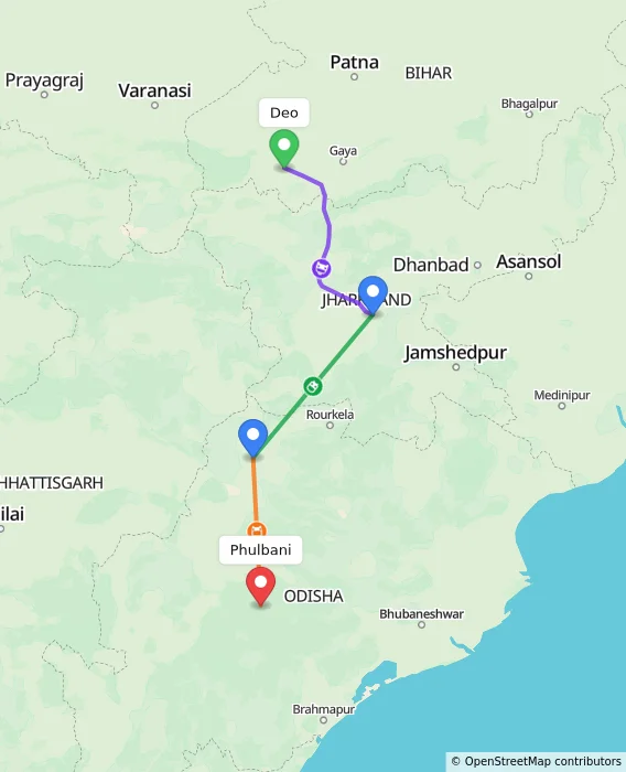 Route map showing distance and travel time from Deo, India to Phulbani, India
