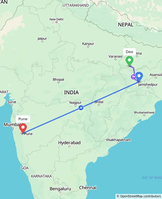 Route map showing distance and travel time from Deo, India to Pune, India