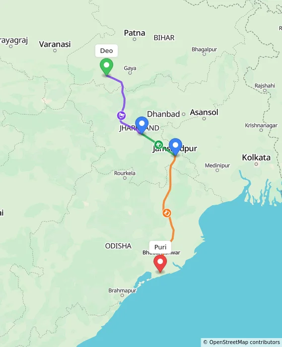 Route map showing distance and travel time from Deo, India to Puri, India
