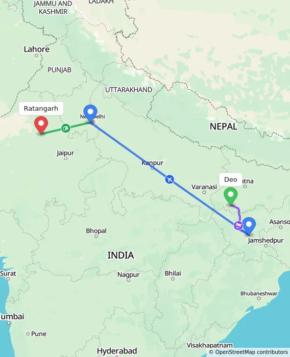 Route map showing distance and travel time from Deo, India to Ratangarh, India