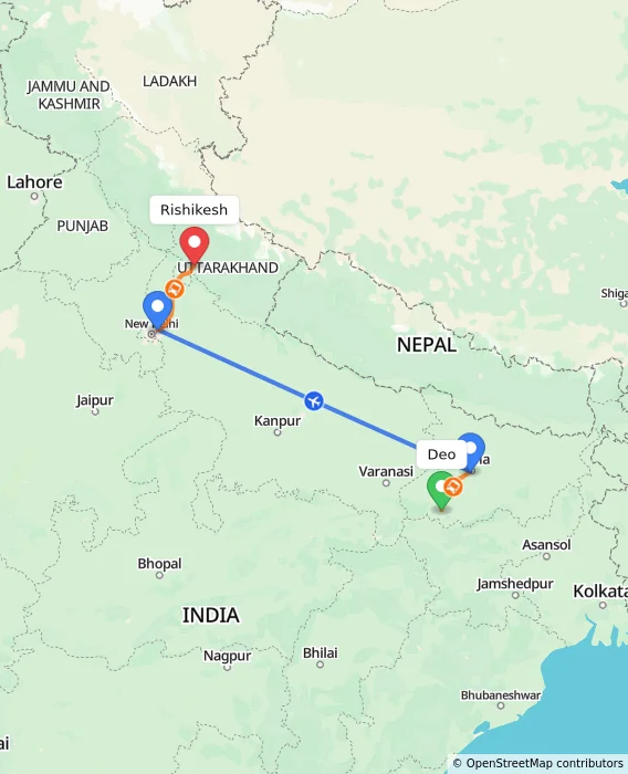 Route map showing distance and travel time from Deo, India to Rishikesh, India
