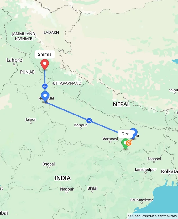 Route map showing distance and travel time from Deo, India to Shimla, India