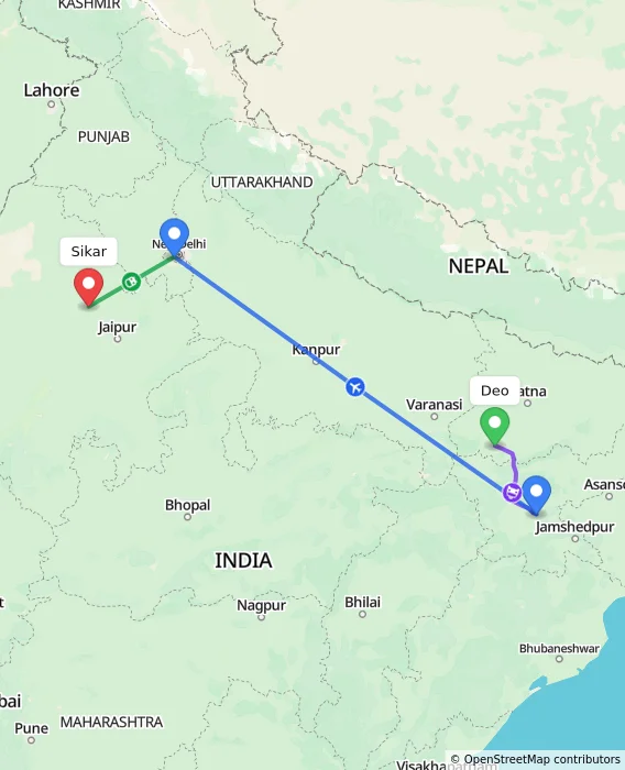 Route map showing distance and travel time from Deo, India to Sikar, India