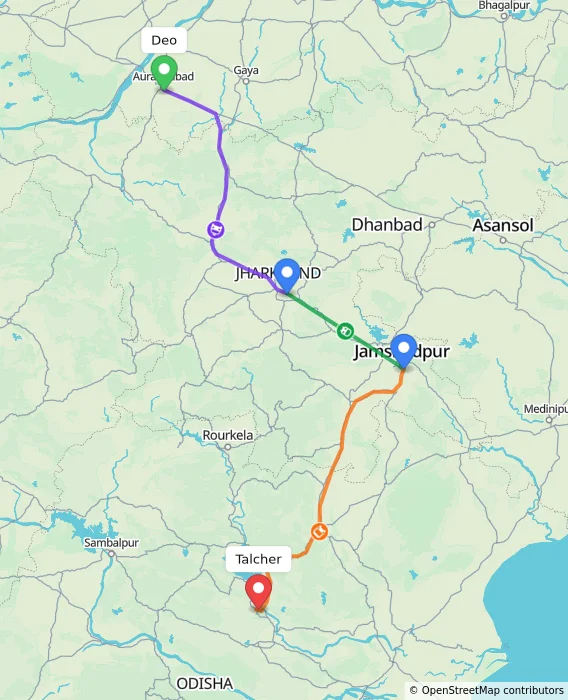 Route map showing distance and travel time from Deo, India to Talcher, India