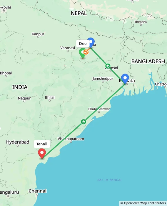 Route map showing distance and travel time from Deo, India to Tenali, India