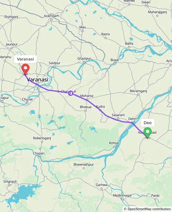 Route map showing distance and travel time from Deo, India to Varanasi, India