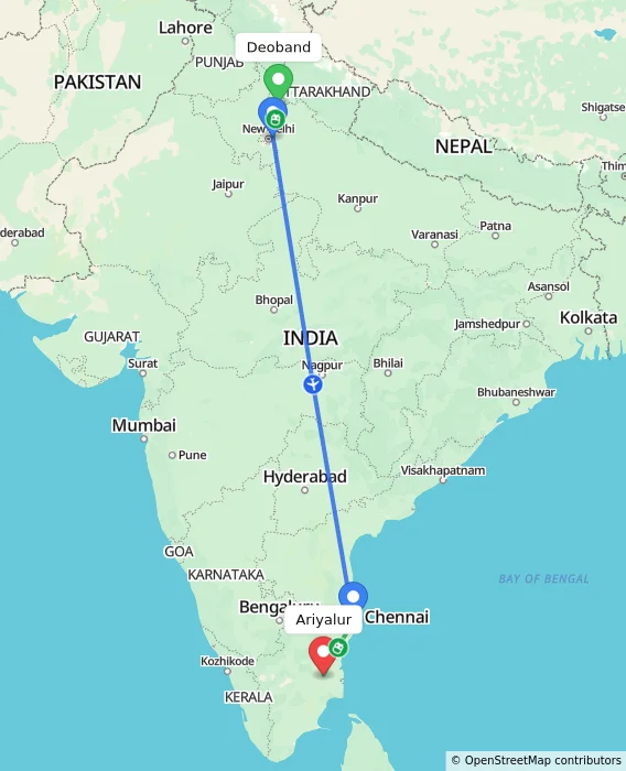 Route map showing distance and travel time from Deoband, India to Ariyalur, India