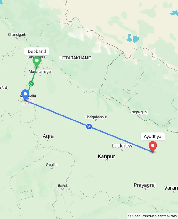 Route map showing distance and travel time from Deoband, India to Ayodhya, India