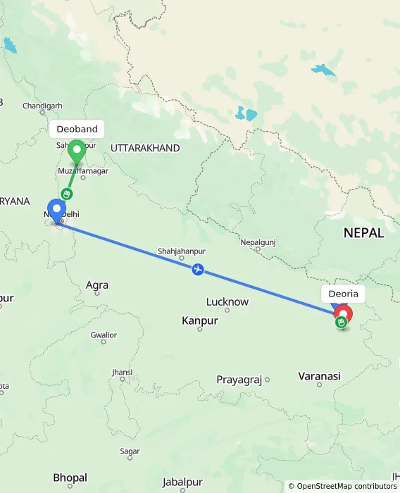 Route map showing distance and travel time from Deoband, India to Deoria, India