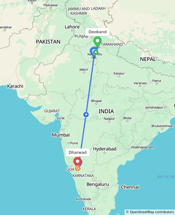Route map showing distance and travel time from Deoband, India to Dharwad, India