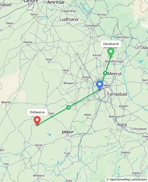 Route map showing distance and travel time from Deoband, India to Didwana, India