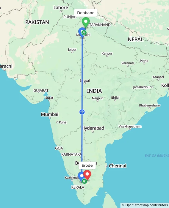 Route map showing distance and travel time from Deoband, India to Erode, India