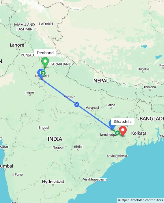 Route map showing distance and travel time from Deoband, India to Ghatshila, India