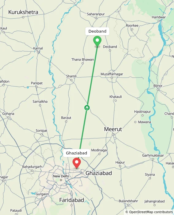 Route map showing distance and travel time from Deoband, India to Ghaziabad, India