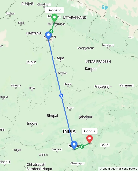Route map showing distance and travel time from Deoband, India to Gondia, India