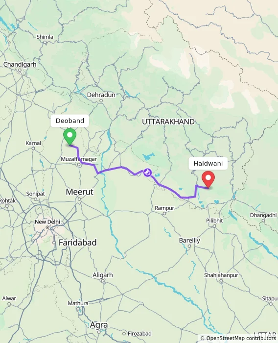Route map showing distance and travel time from Deoband, India to Haldwani, India