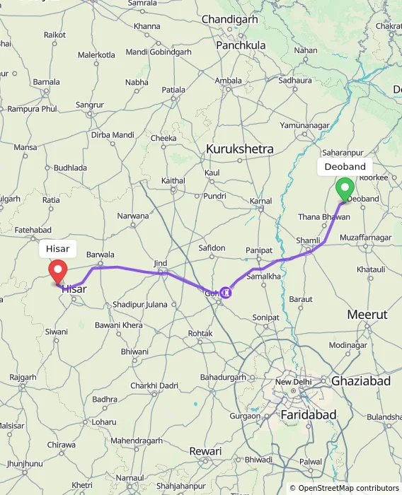 Route map showing distance and travel time from Deoband, India to Hisar, India