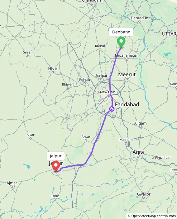 Route map showing distance and travel time from Deoband, India to Jaipur, India