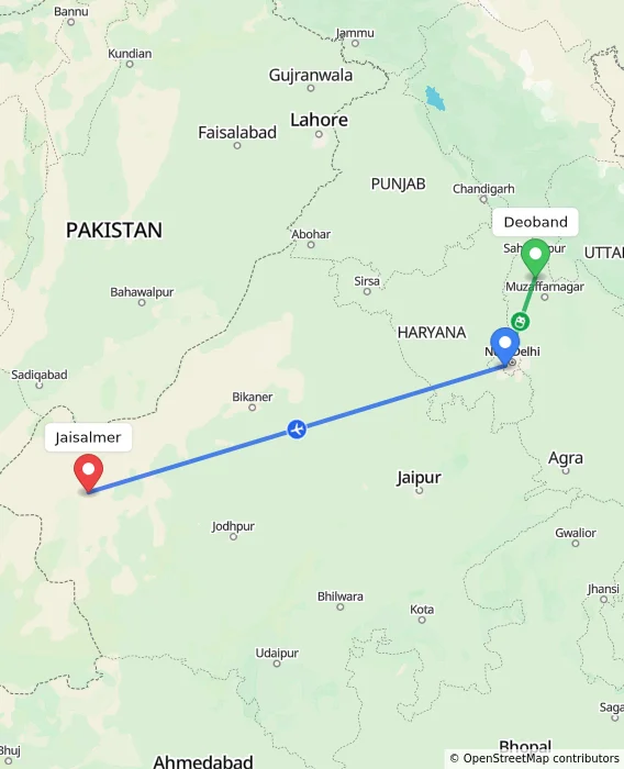 Route map showing distance and travel time from Deoband, India to Jaisalmer, India