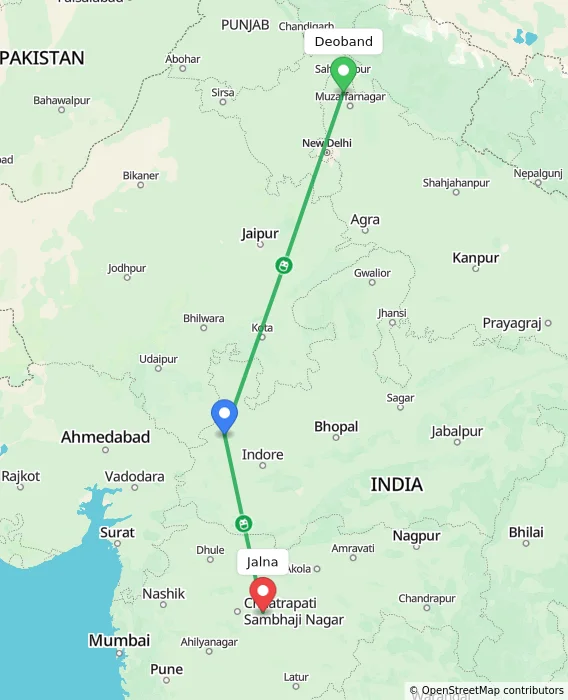Route map showing distance and travel time from Deoband, India to Jalna, India
