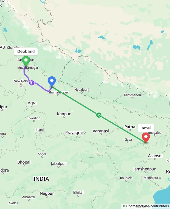Route map showing distance and travel time from Deoband, India to Jamui, India