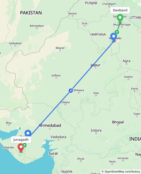 Route map showing distance and travel time from Deoband, India to Junagadh, India