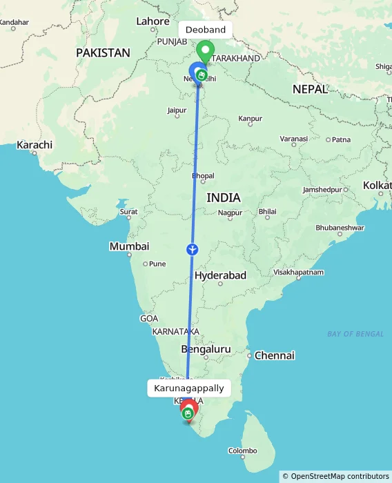 Route map showing distance and travel time from Deoband, India to Karunagappally, India