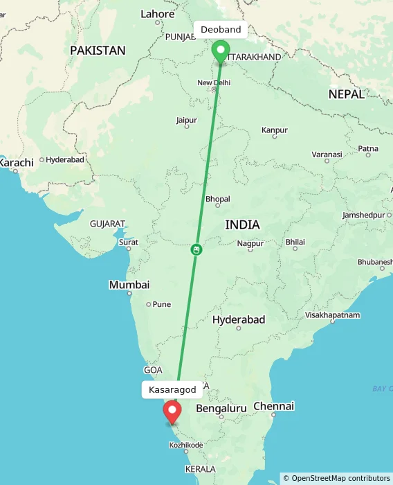 Route map showing distance and travel time from Deoband, India to Kasaragod, India