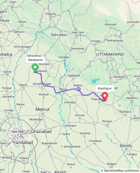 Route map showing distance and travel time from Deoband, India to Kashipur, India