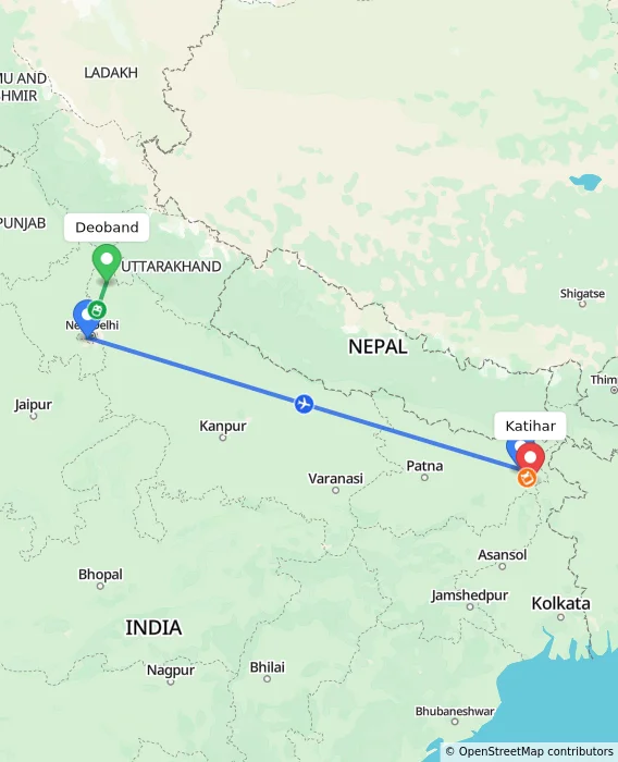 Route map showing distance and travel time from Deoband, India to Katihar, India