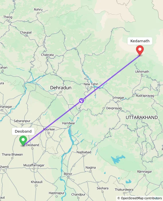 Route map showing distance and travel time from Deoband, India to Kedarnath, India