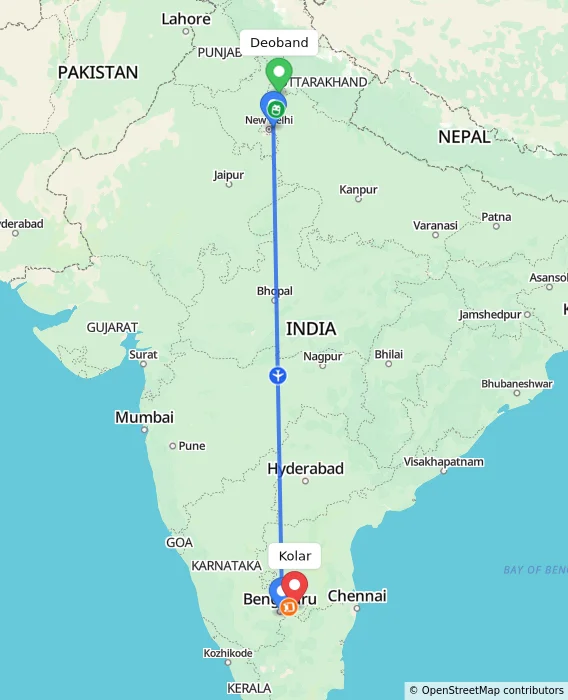 Route map showing distance and travel time from Deoband, India to Kolar, India
