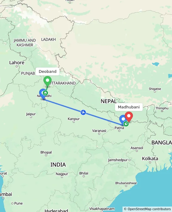 Route map showing distance and travel time from Deoband, India to Madhubani, India