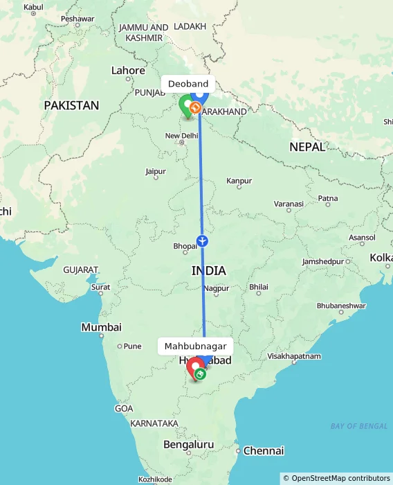 Route map showing distance and travel time from Deoband, India to Mahbubnagar, India
