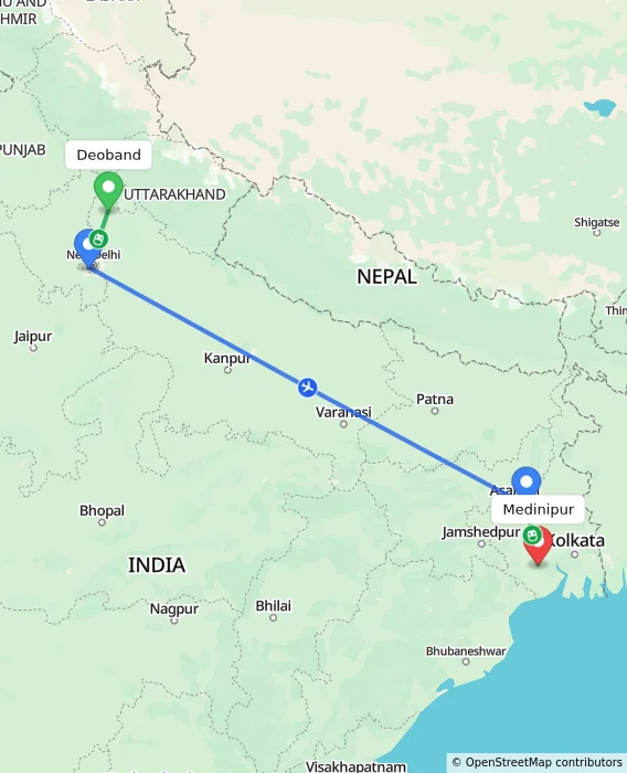 Route map showing distance and travel time from Deoband, India to Medinipur, India