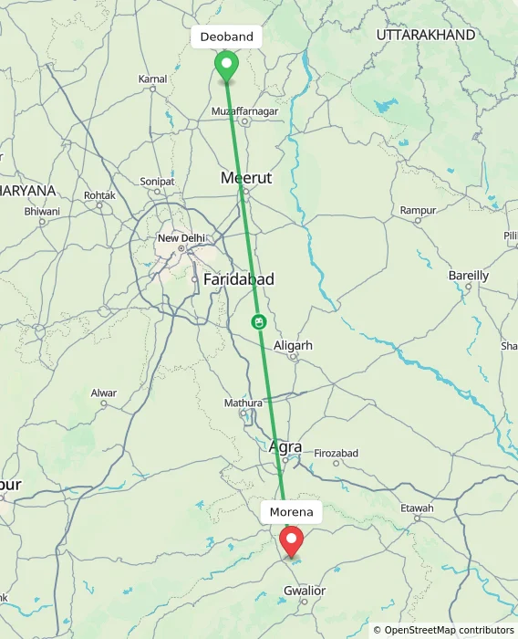 Route map showing distance and travel time from Deoband, India to Morena, India