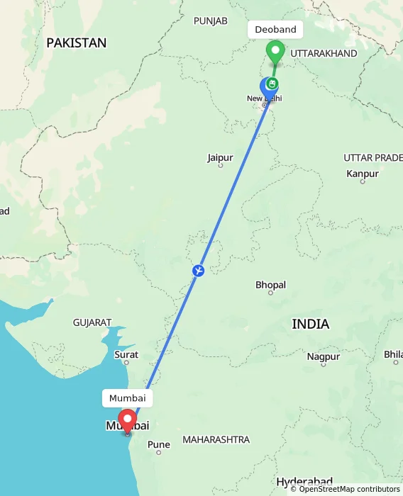 Route map showing distance and travel time from Deoband, India to Mumbai, India