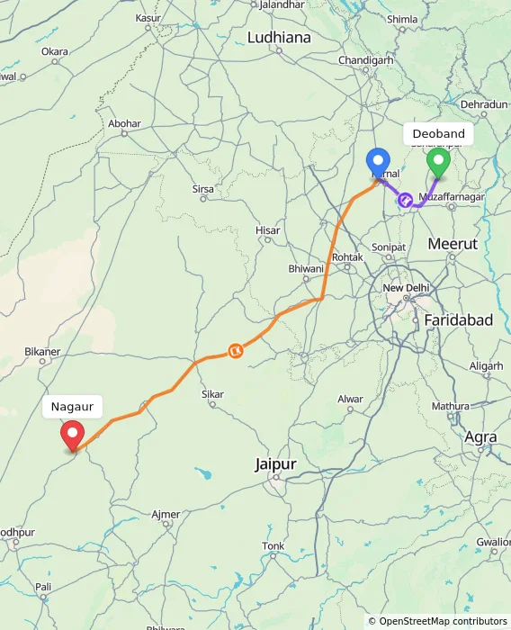 Route map showing distance and travel time from Deoband, India to Nagaur, India