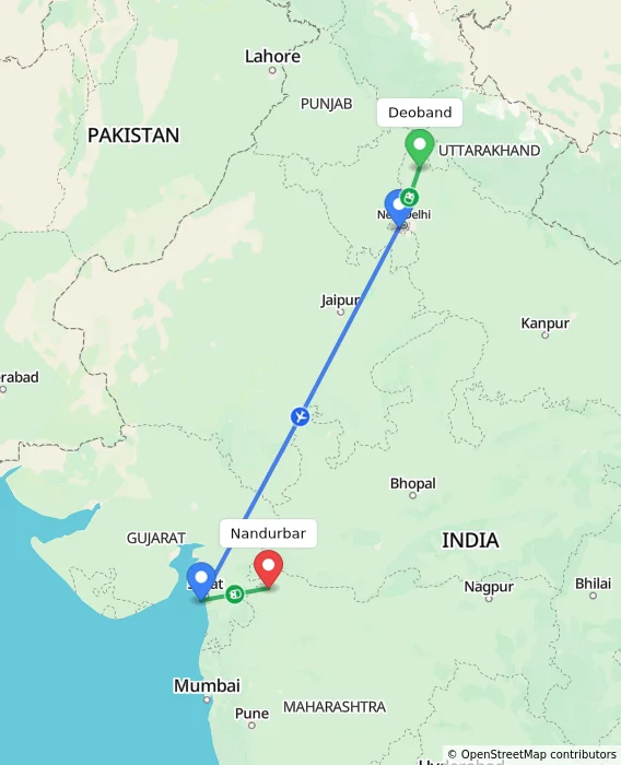 Route map showing distance and travel time from Deoband, India to Nandurbar, India