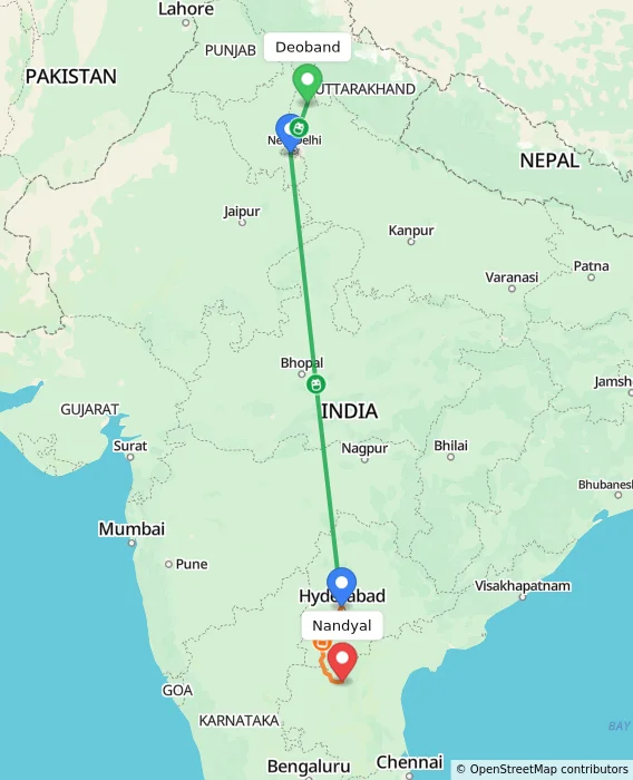 Route map showing distance and travel time from Deoband, India to Nandyal, India