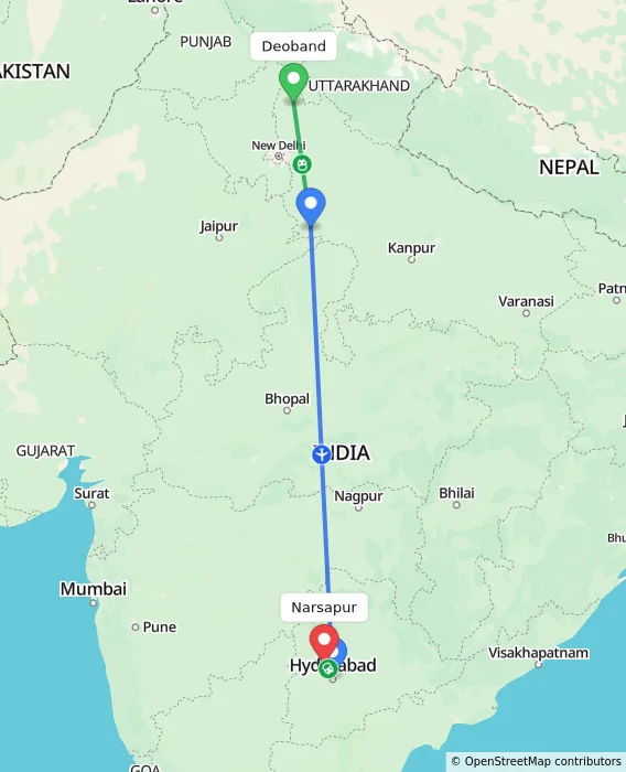 Route map showing distance and travel time from Deoband, India to Narsapur, India
