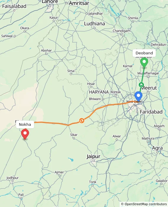 Route map showing distance and travel time from Deoband, India to Nokha, India