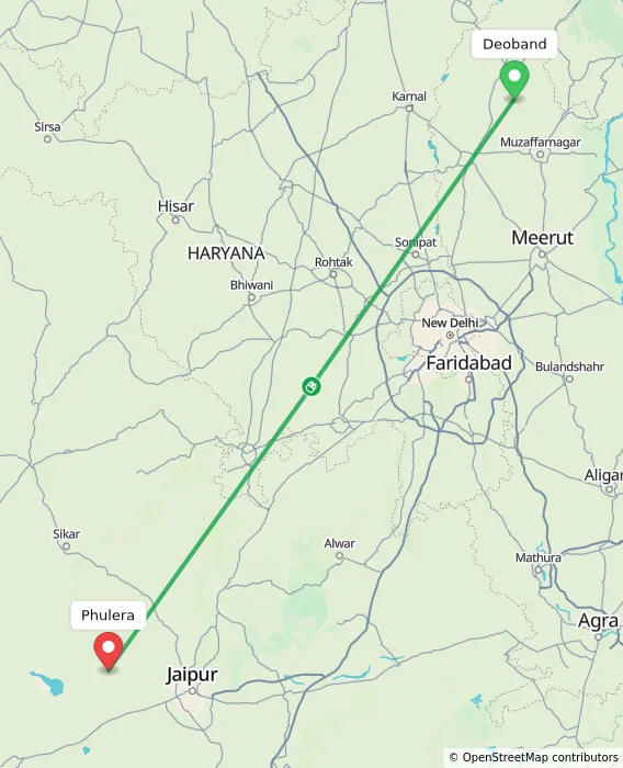 Route map showing distance and travel time from Deoband, India to Phulera, India