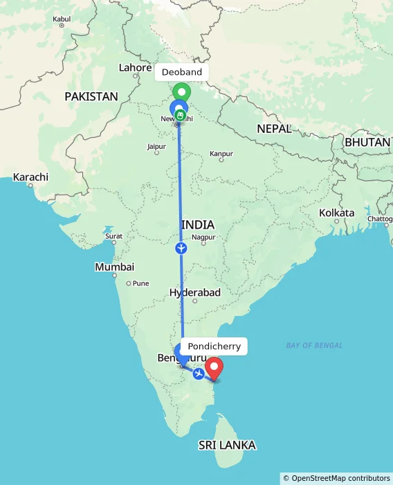 Route map showing distance and travel time from Deoband, India to Pondicherry, India