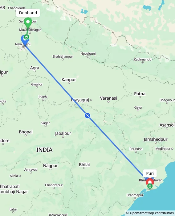 Route map showing distance and travel time from Deoband, India to Puri, India
